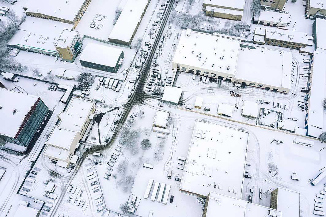 arial view of a city in winter