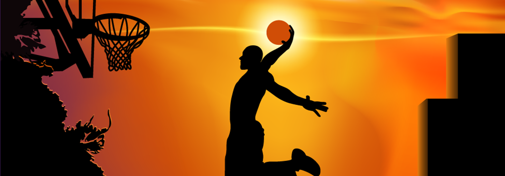 man in silhouette slam-dunking a basketball
