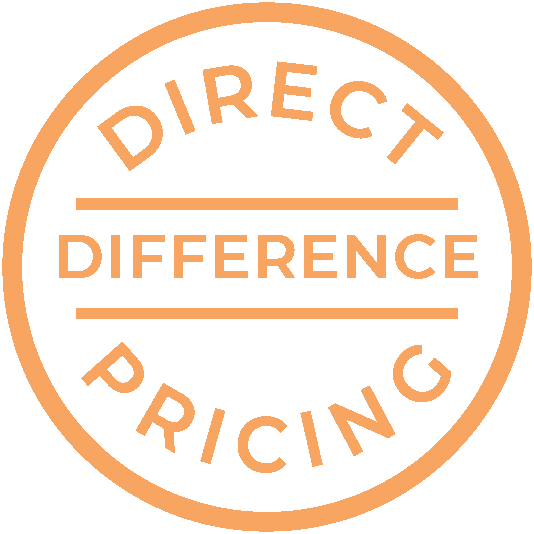 Circular orange badge with the words "Direct Difference Pricing" in the middle.