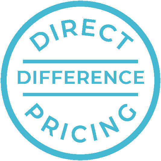 Light blue circular badge with the words "Direct Difference Pricing" in the middle.