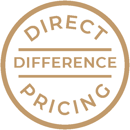 Light Brown circular icon of the phrase "Direct Difference Pricing" in the middle