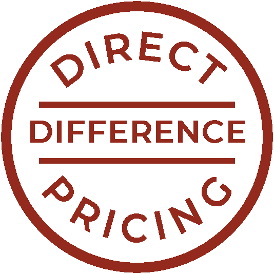 Red circlular badge with the words " Direct Difference Pricing" in the center.