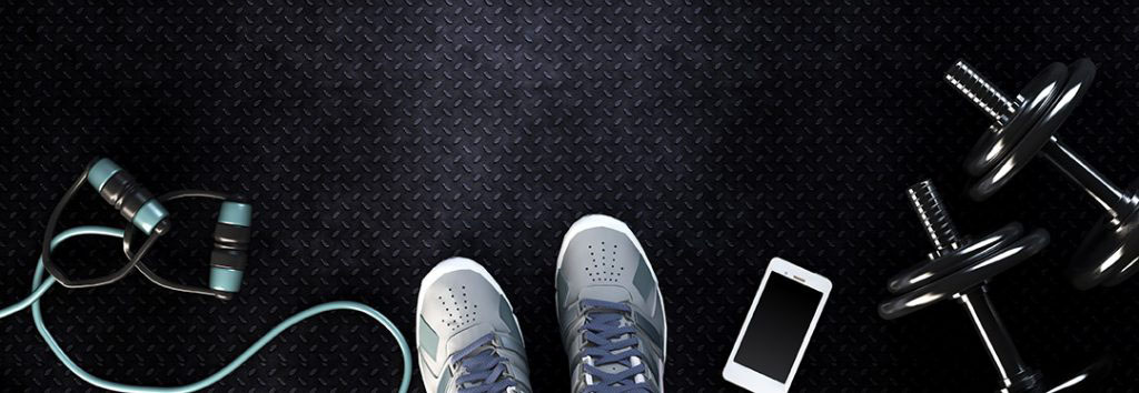 gym shoes, cell phone, hand weights and weighted bands