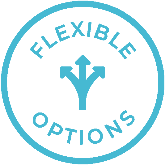 Light blue circle badge with the words " Flexible Options" and arrows in the middle.
