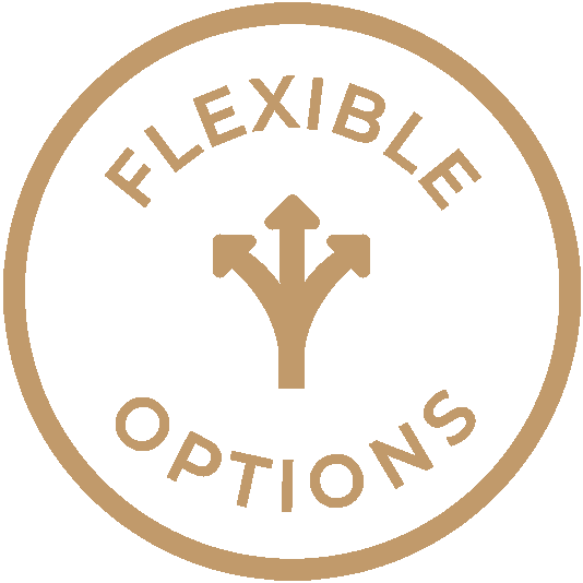 Sand colored circle with the words "Flexible Options" and and arrows in the center.