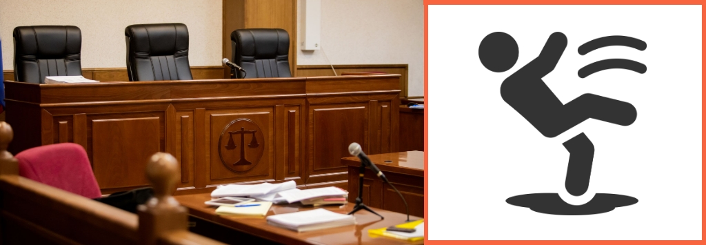 Image of the interior of an appellate courtroom, with a vector slip and fall graphic.