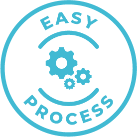 Light blue circle badge with the phrase "Easy Process" and gears in the middle.
