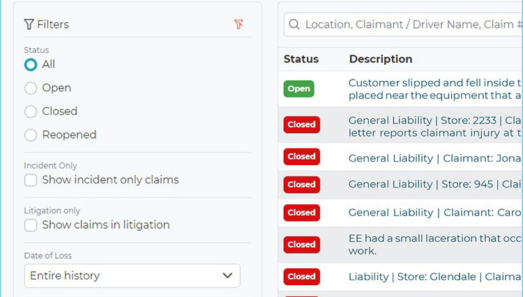 Screen view of the Claims screen within the Intrepid Direct Insurance customer portal. Screen shows claims details and filtering to view claims history.