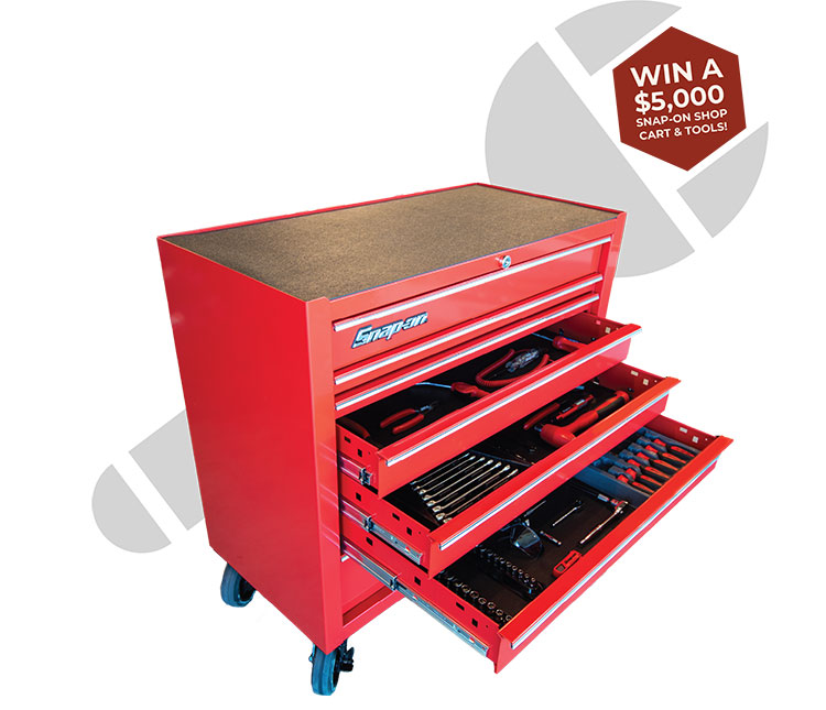 Image of a Snap-on shop cart with tools. Available in the WIN-trepid Sweepstakes, valued at $5,000.
