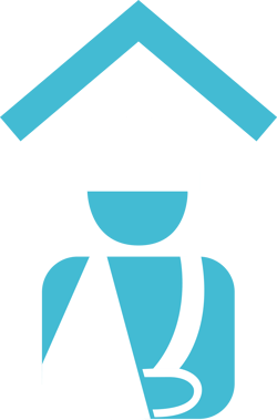 Icon of an employee with their arm in a sling, standing under a roof. Represesenting Workers' Compensation Insurance for Roofing contractors.